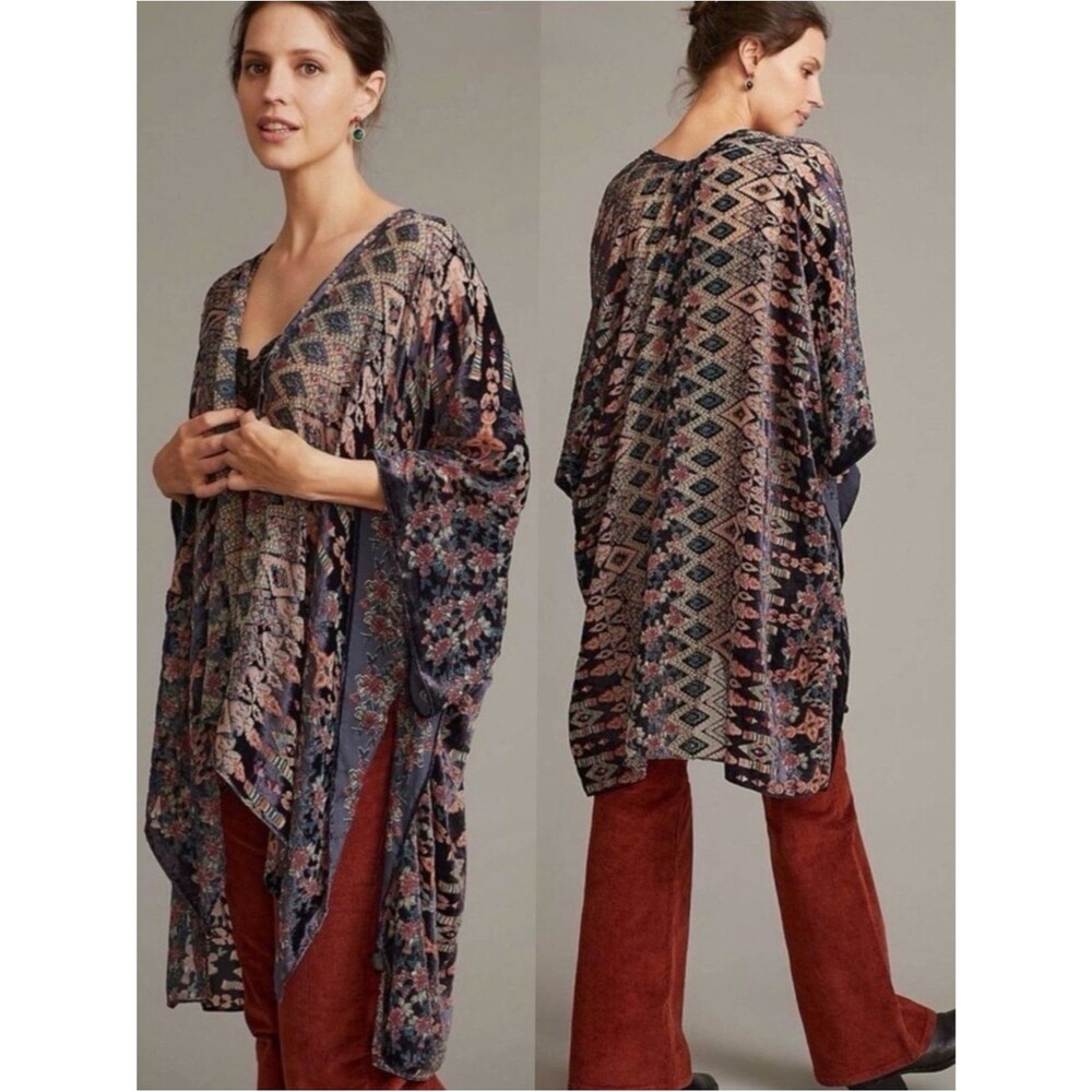 Anthropologie Patchwork Burnout Velvet Geometric Floral Duster Kimono OS Boho